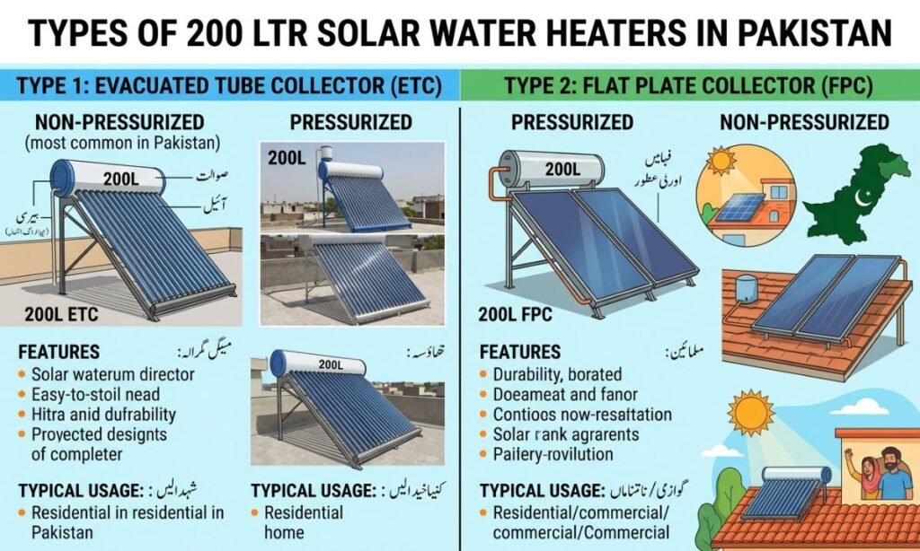 Types of 200 ltr Solar Water Heaters in Pakistan